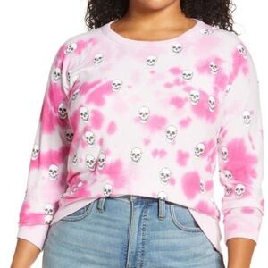 Chaser Tie-Dye Skull Recycled Cozy Knit Sweatshirt, Pink/White, Size XL